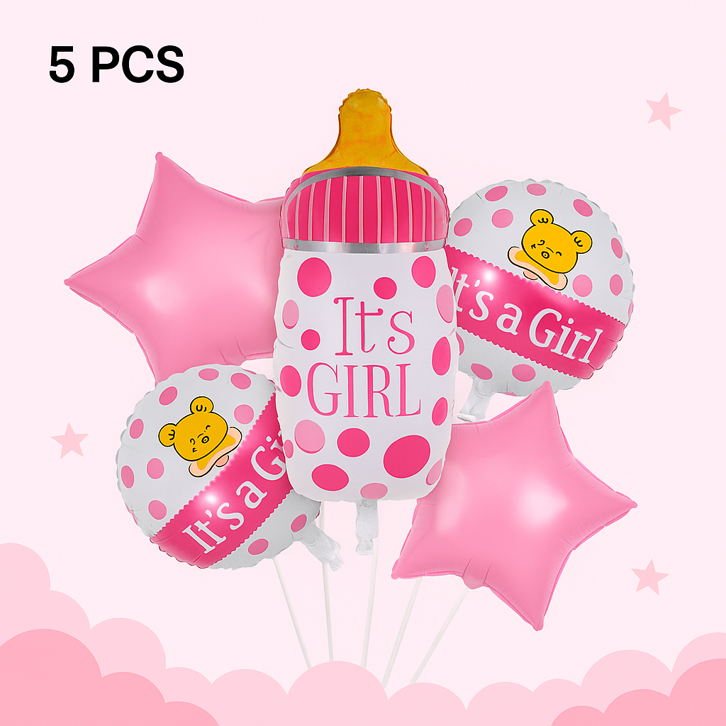 It's a Girl! 5-Piece Pink Foil Balloon Set β Baby Shower Decoration Kit (Bottle, Stars & Teddy Design)