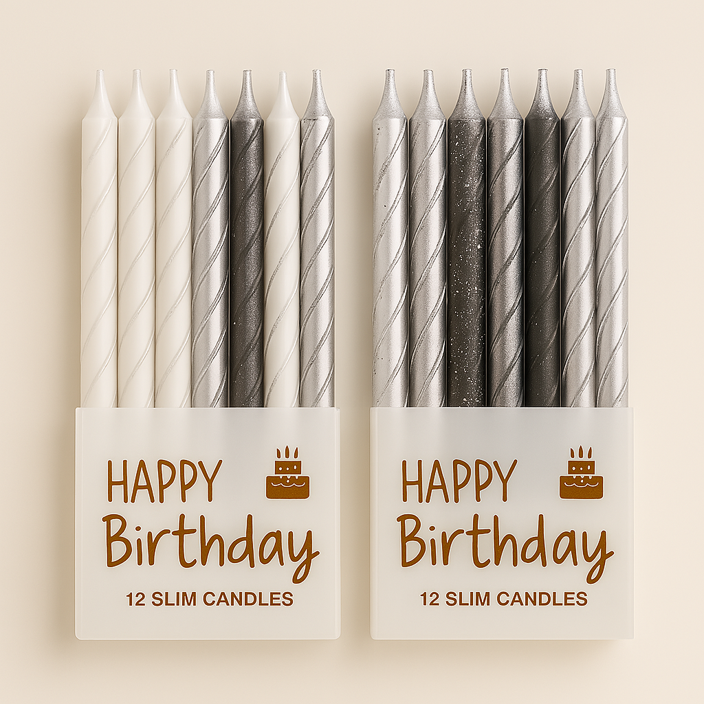 Elegant Slim Birthday Candles – Set of 12 (Black, Silver & White)