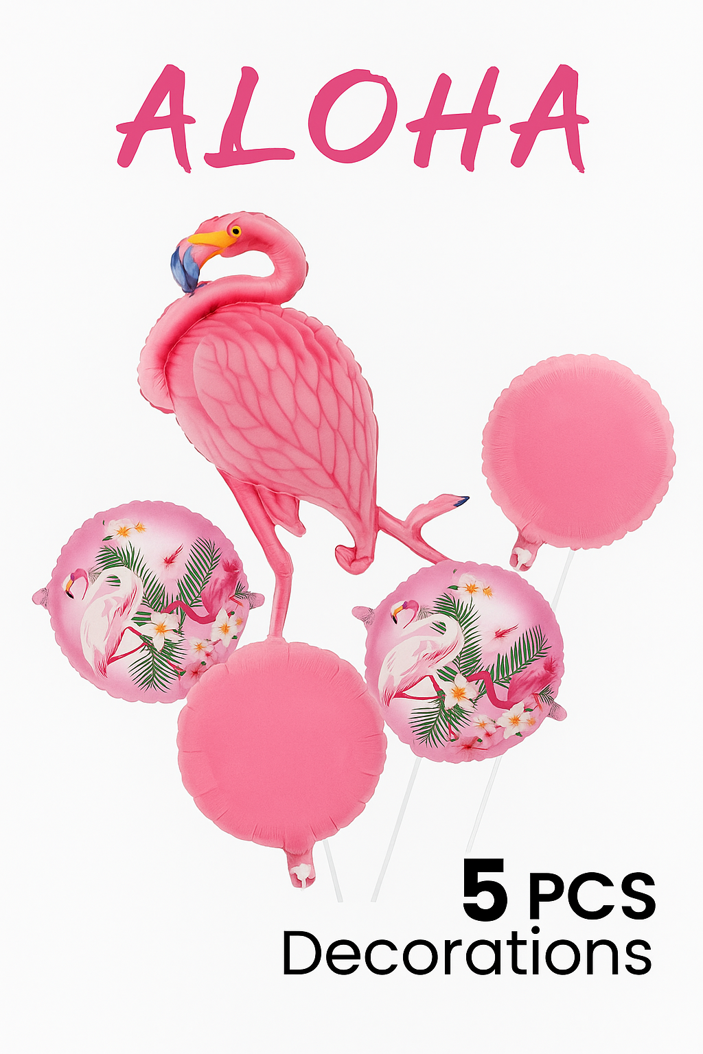 Tropical Flamingo Party Balloon Set – 5pcs Aloha-Themed Foil Balloons