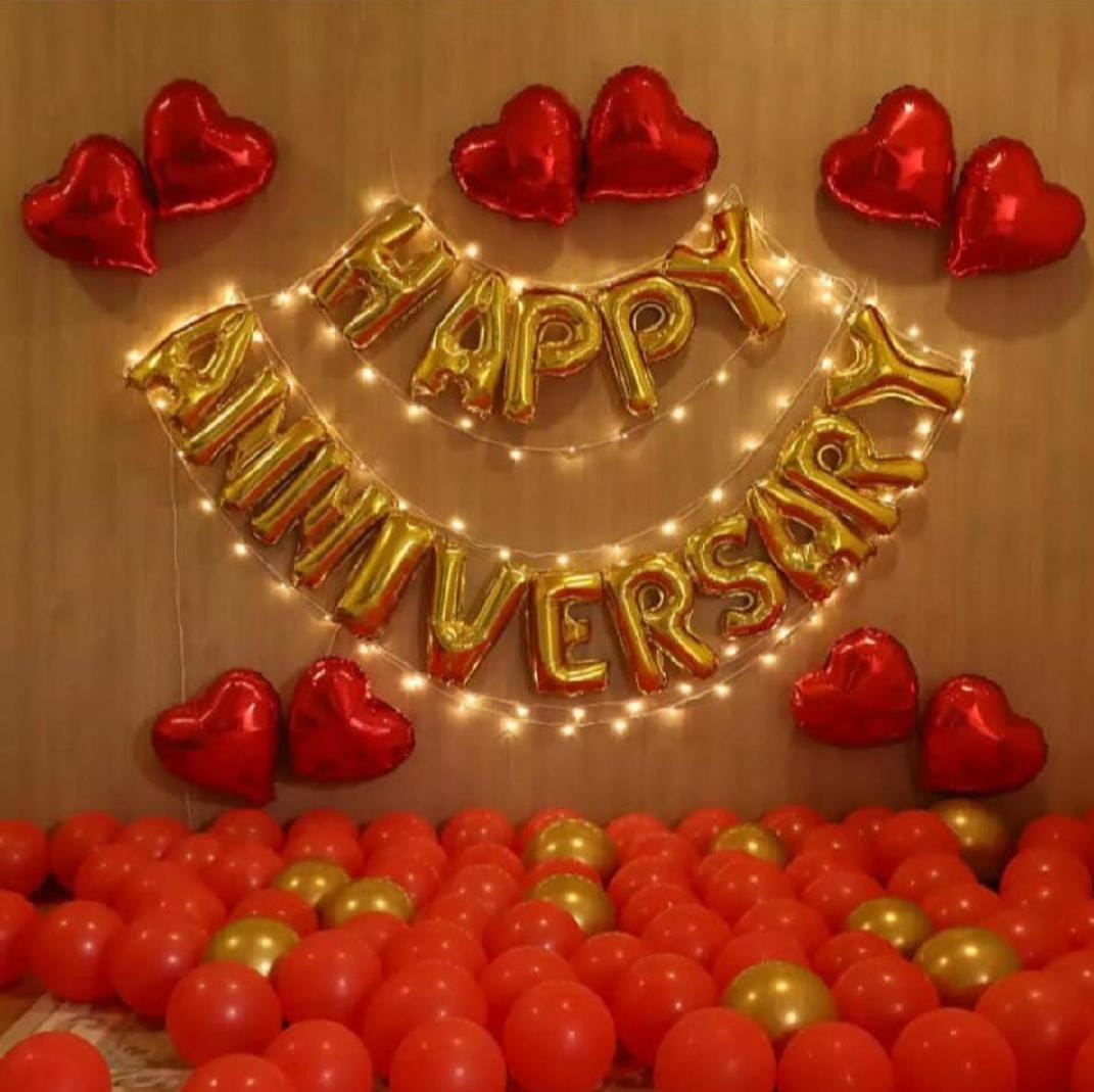 Happy anniversary theme set with heart balloons and fairy light