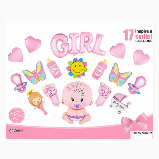 17pcs Baby Girl Gender Reveal Foil Balloon Set – Pink Baby Shower Decor