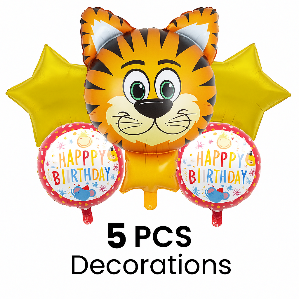 5-Piece Tiger-Themed Birthday Balloon Set – Foil Balloons for Kids' Party Decoration