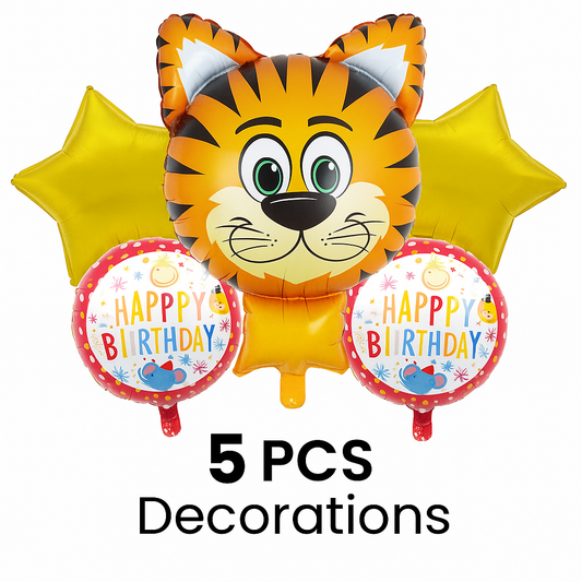 5-Piece Tiger-Themed Birthday Balloon Set – Foil Balloons for Kids' Party Decoration