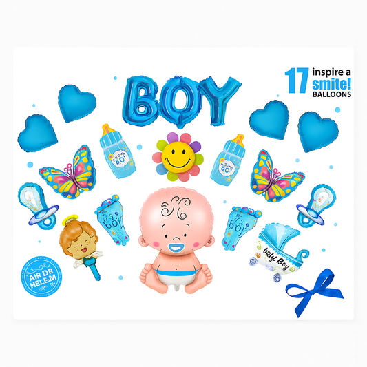 Baby Boy Gender Reveal Foil Balloon Set – 17pcs Blue Baby Shower Decorations | Helium or Air Fill