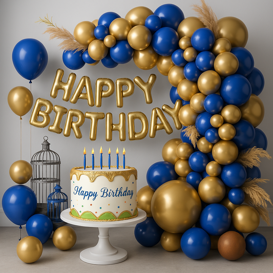 Elegant Blue and Gold Birthday Party Decoration Set with Cake Display