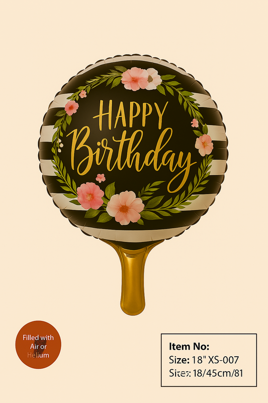 Elegant Floral "Happy Birthday" Foil Balloon – 18"  Floral with gold text