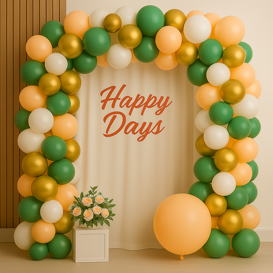 Green, Gold &amp; Peach Balloon Backdrop Photo – Happy Days Party Decor