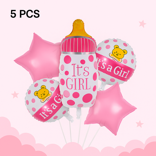 It's a Girl! 5-Piece Pink Foil Balloon Set – Baby Shower Decoration Kit (Bottle, Stars & Teddy Design)