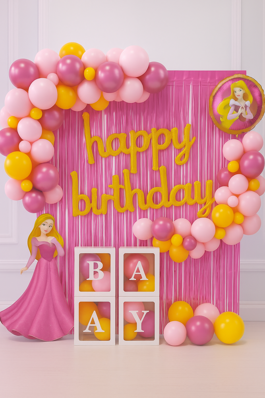 Princess Theme Birthday Decoration Kit – Pink & Yellow Balloon Garland Set (80 Pcs)
