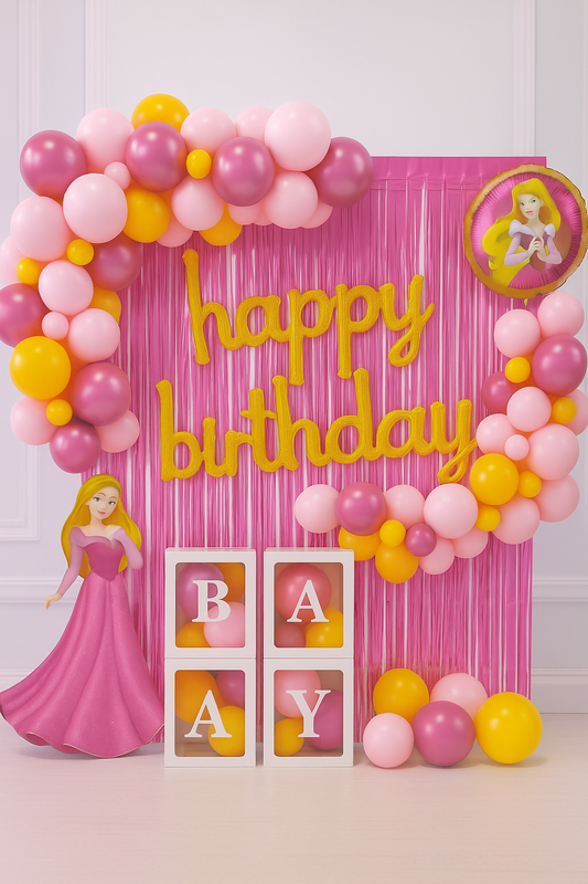 Princess Theme Birthday Decoration Kit – Pink & Yellow Balloon Garland Set (80 Pcs)