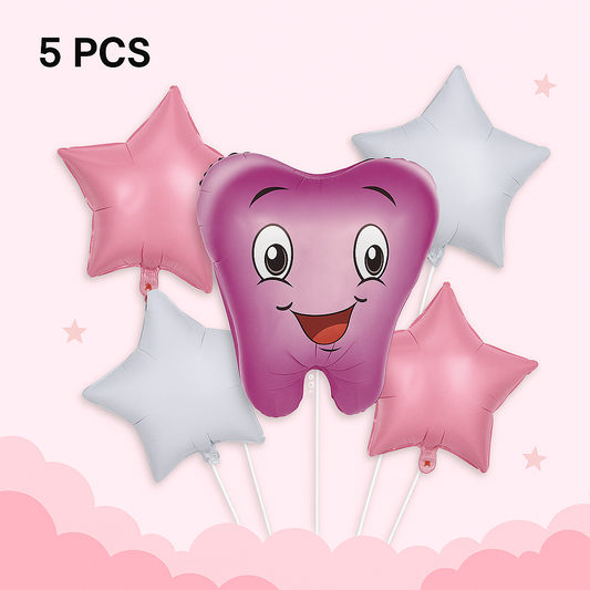 Tooth-Shaped Balloon Set – 5PCS Cute Smile Star Foil Balloons for Kids Party