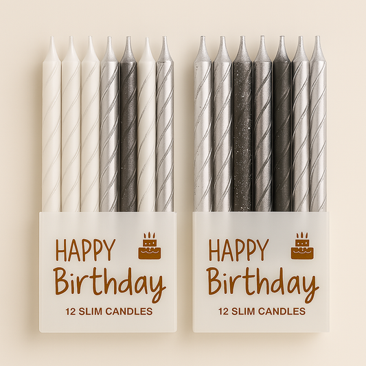 Elegant Slim Birthday Candles – Set of 12 (Black, Silver & White)